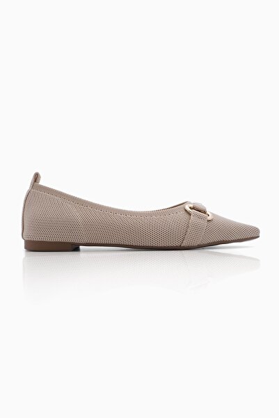 Marjin Women's Buckled Pointed Toe Knitwear Ballerina Lovren Beige