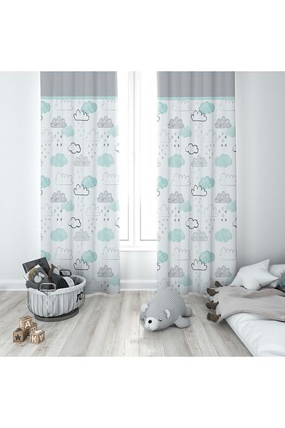 Lolla Mint Cloudy White Background Curtain 158