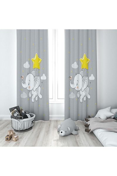Lolla Star And Elephant Gray Background Curtain 129