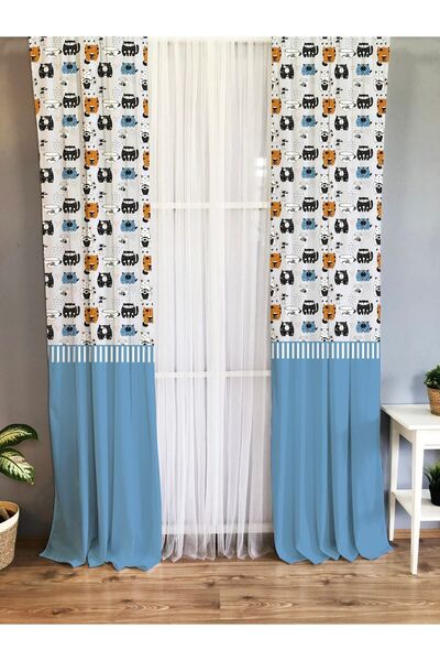 Evmila Araba Desenli Bebek Ve Çocuk Odası Tek Kanat Fon Perde - Mavi
