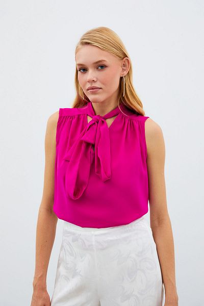 Sateen Sleeveless Blouse with Scarf - Fuchsia