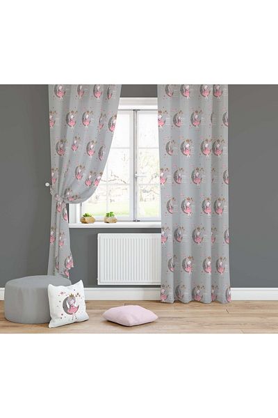 Lolla Girl Sitting on the Gray Floor Moon Patterned Background Curtain 1060