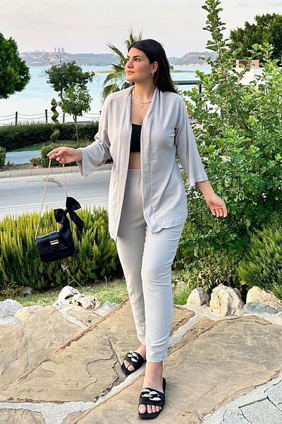 İpli Gray Kimono Set with Narrow Leg and Pocket Detail