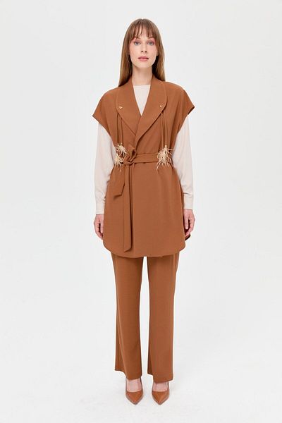 Esswaap Tan Crepe Triple Set - Piping Tassel Detailed