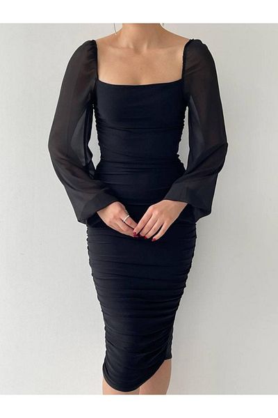 ADASTYLE Drafe Sandy Square Collar Black Dress, Sleeve Chiffon