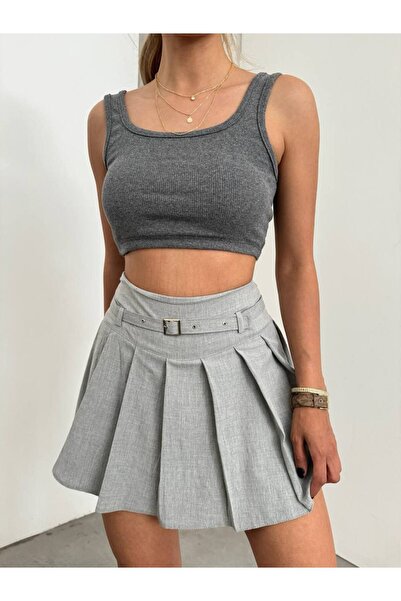 Fav Style Γκρι Μίνι Φούστα - Γυναικεία, Ζώνη Λεπτομέρεια, Πλισέ σορτς