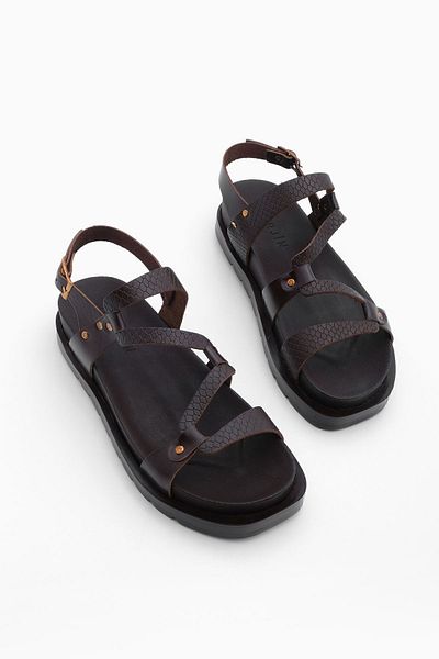 Marjin Women's Genuine Leather High Sole Strappy Daily Sandals Zines Brown
