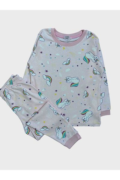 elmas kids Girl's Cotton Corded Fabric Pink Rainbow Cat Print Long Sleeve Seasonal Pajamas Set