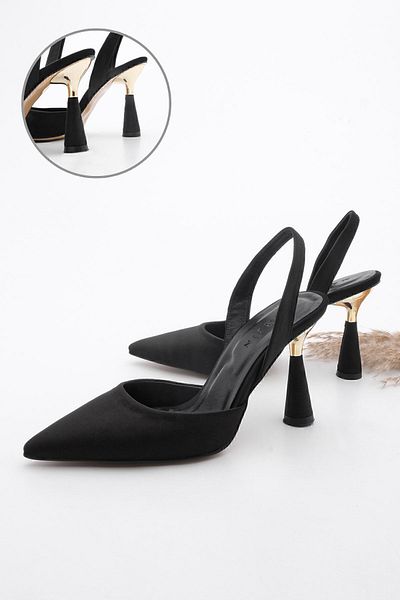 Marjin Women's Stiletto Pointed Toe Gold Heel Detailed Open Back Scarf Heeled Shoes Yolez Black