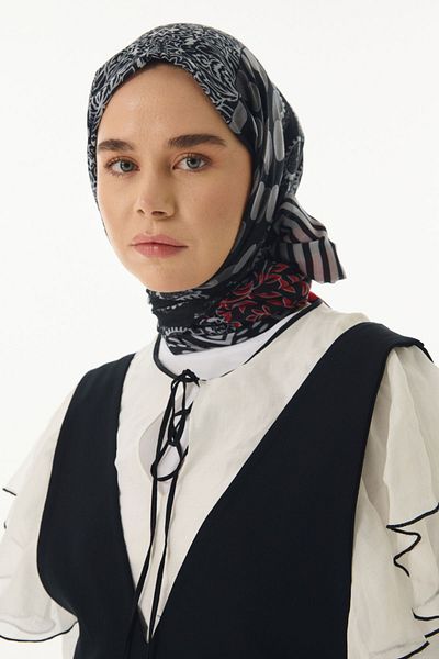 FENZA SCARF Şal Adalie din bumbac negru cu model floral etnic