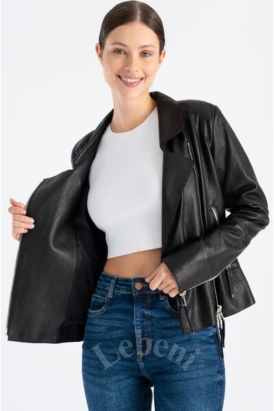 Lebeni Biker Deri Ceket - Siyah Hakiki Deri Kadın Deri Ceket Katlı Yakalı Yan...