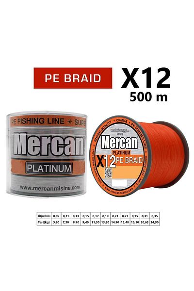 Mercan Platinum X12 Orange Rope 500m Reel - Pe Knitted Line