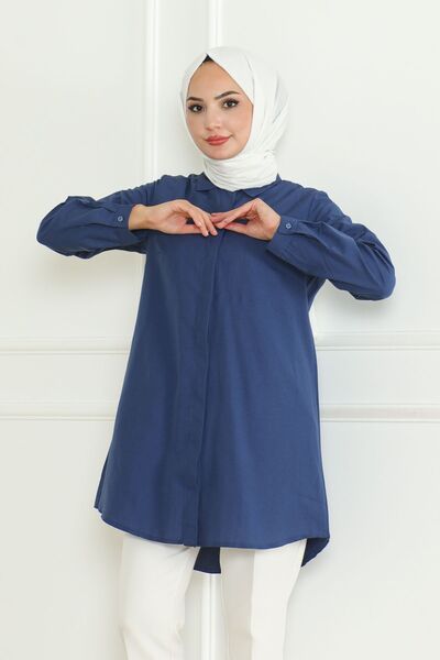 Eliva Indigo Blue Boyfriend Hijab Shirt - Hidden Button, Terikoton Women