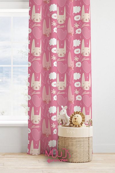 Moud's Single Wing Love and Cat Patterned Suede Background Curtain - Children's and Baby's Room Extra Size