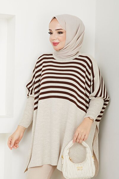 LE CARAMBOLE Πέτρινο ριγέ πλεκτό πουλόβερ - Λεπτομερές σκίσιμο