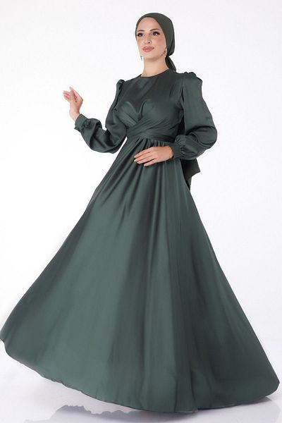 TOFİSA Khaki Lace-Up Plain Crew Neck Women's Evening Dress - 26160