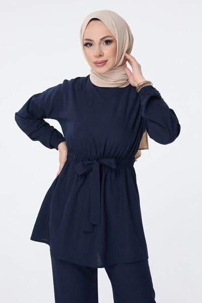 TOFİSA Navy Blue Women's Tunic-Pants Set Plain Crew Neck - 13058