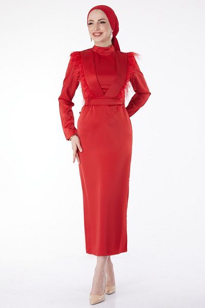 TOFİSA Straight Chief Collar Women's Red Tassel Detailed Evening Dress - 24899