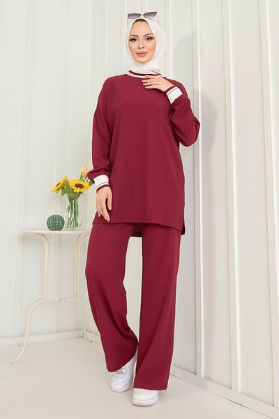 TOFİSA Claret Red Tunic Trousers Plain Crew Neck - Women's 11402