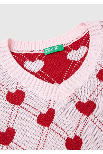 United Colors of Benetton Kız Çocuk Açık Pembe Tamamı Kalp Desenli Kolsuz V Yaka Süveter
