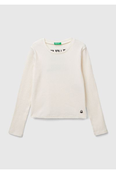 United Colors of Benetton Tricou Ecru pentru Fete - Maneca Lunga cu Logo Brodat si Detaliu Text