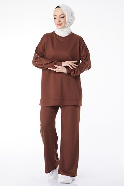 TOFİSA Women's Brown Rhinestone Sleeve Straight Crew Neck Tracksuit Set - 13131