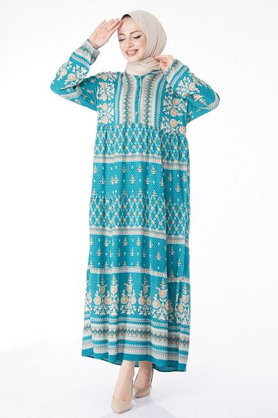TOFİSA Green Patterned Straight Chief Collar Women's Dress - Buttoned, 24747