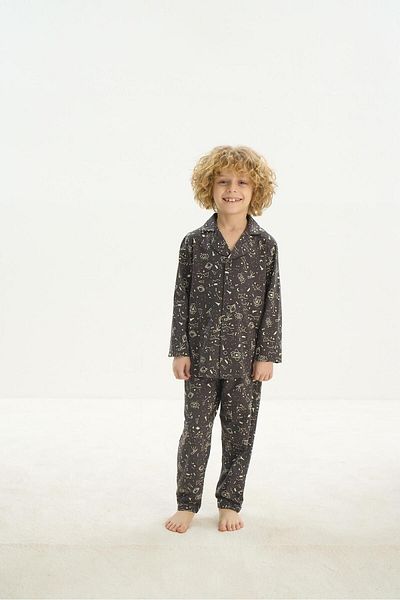 Sevim Boy's Smoked Pajama Set - Long Sleeve and Buttoned Front C5T1N7O8