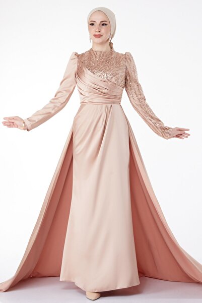 TOFİSA فستان سهرة نسائي سادة برقبة دائرية مزين بالترتر من فرو المنك مع ذيل في...