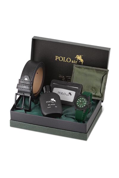 Polo Air Takvimli Erkek Kol Saati Cüzdan Kemer Kartlık Parfüm Kombin Yeşil Si...