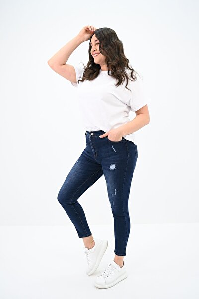 Koza Butik Pantaloni de damă cu mărime mare, albastru bleumarin, blugi 6177-23