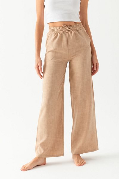 CNRCollection Beige Linen Look Palazzo Trousers - High Waist, Pocket and Comfortable Loose Fit