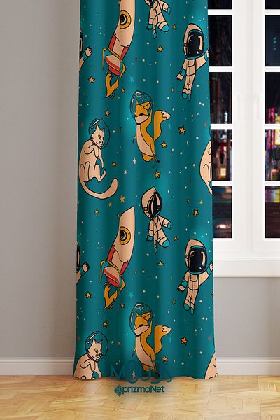 Moud's Space Fox Cat Patterned Suede Background Curtain - Children's and Baby's Room, Digital Printing Extra String - Single Wing