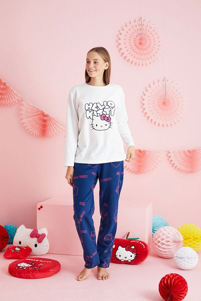 Siyah İnci Hello Kitty με άδεια Fleece Λευκό Πολύχρωμο Κοστούμι πιτζάμα με λαιμόκοψη HK328