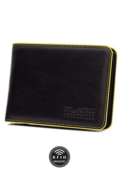 Flapp Hakiki Rfıd Korumalı Deri Sarı Kenar Boyalı Spor Cüzdan
