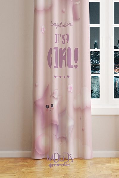 Moud's Girl Patterned Pink Suede Background Curtain - Children's and Baby's Room, Digital Printed Extra-For Drawstring, Single Wing