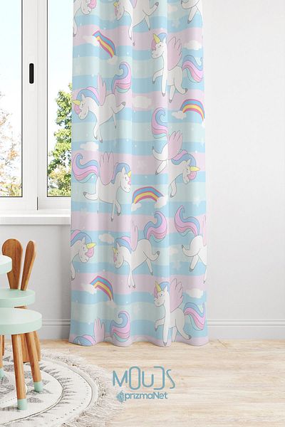 Moud's Unicorn Patterned Blue Suede Curtain - Children's and Baby's Room, Extra String - Single Wing