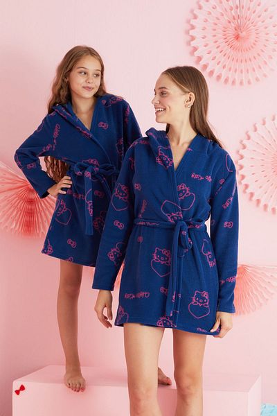 Siyah İnci Φόρεμα με κουκούλα Hello Kitty με άδεια Polar Navy Blue HoodieHK407