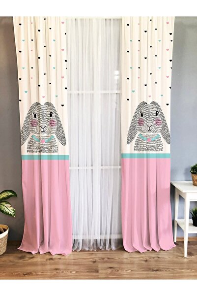 Evmila Tavşan Desenli Bebek Ve Çocuk Odası Tek Kanat Fon Perde - Pembe