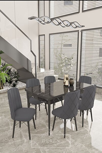 DEREN HOME Astera Serisi Açılabilir Masa + 6 Adet Füme Baby Face Kumaş Mutfak...