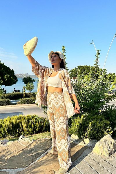 İpli Camel Color Patterned Double Kimono Set (Comfortable Fit)