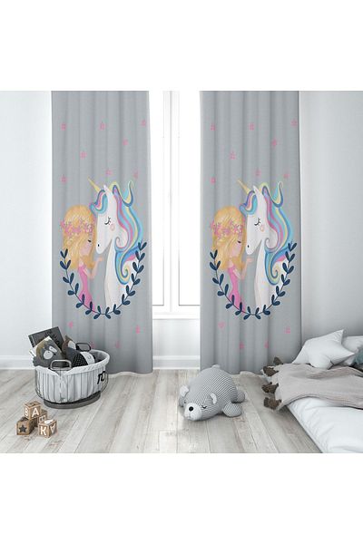 Lolla Princess Girl and Unicorn Gray Background Curtain 112