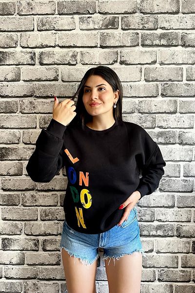 İpli London Printed 3 Thread Unisex Black Sweatshirt