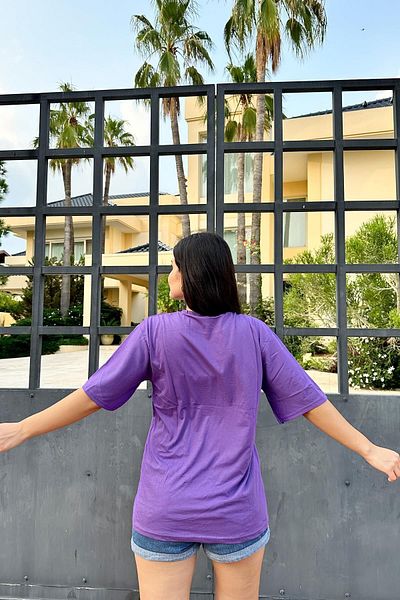 İpli Μπλουζάκι Unisex Μωβ Κεντημένο Oversize - Love Print