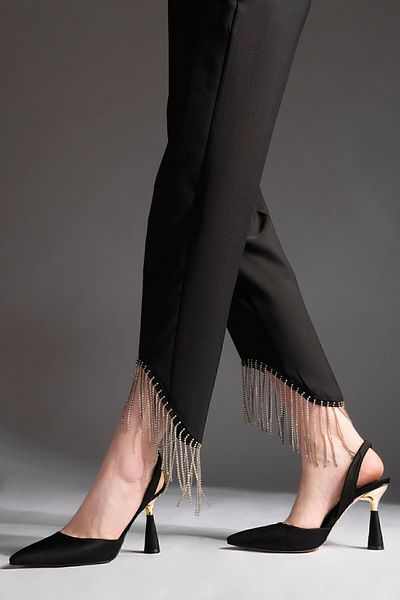 Marjin Women's Stiletto Pointed Toe Gold Heel Detailed Open Back Scarf Heeled Shoes Yolez Black