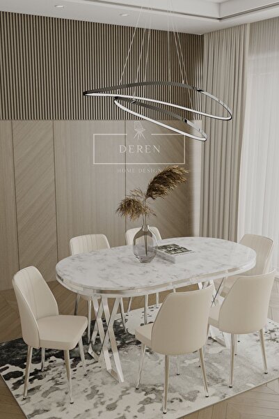 DEREN HOME Lam Serisi Mdf Lak Masa 90x168 Gümüş Metal Ayak 6 Adet Krem Baby F...