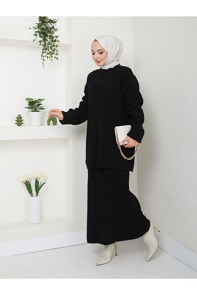 Kirazgym Plain Skirt Knitwear Set-Black