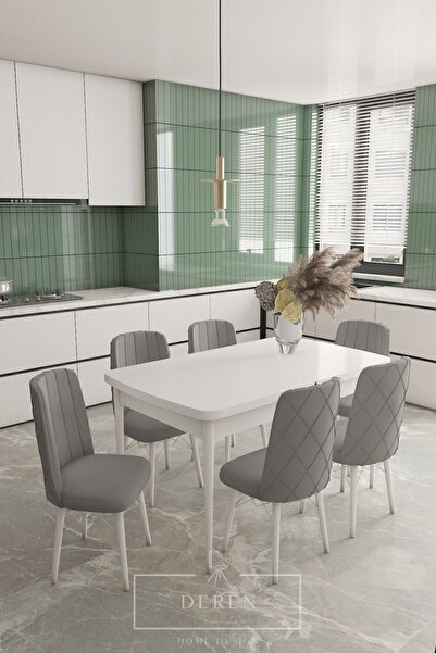 DEREN HOME Astera Serisi Açılabilir Masa + 6 Adet Açıkgri Baby Face Kumaş Mut...