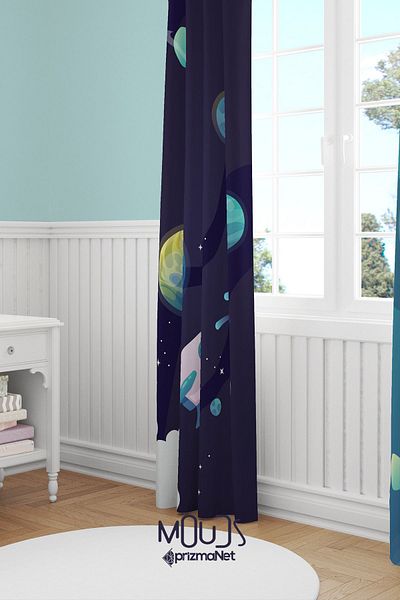 Moud's Navy Blue Space Patterned Background Curtain Children's and Baby's Room Suede Digital Printed Extra-For Drawstring Single Wing