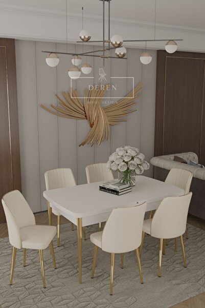 DEREN HOME Parla Gold Serisi 80x130 MDF Masa + 6 Adet Silinebilir Kumaş Krem Sandalye Metal Ayak Masa Takımı